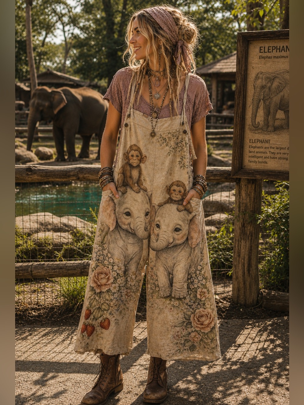 Whimsical Elephant & Monkey Garden Overalls - Cream Beige flour sack jumpsuit